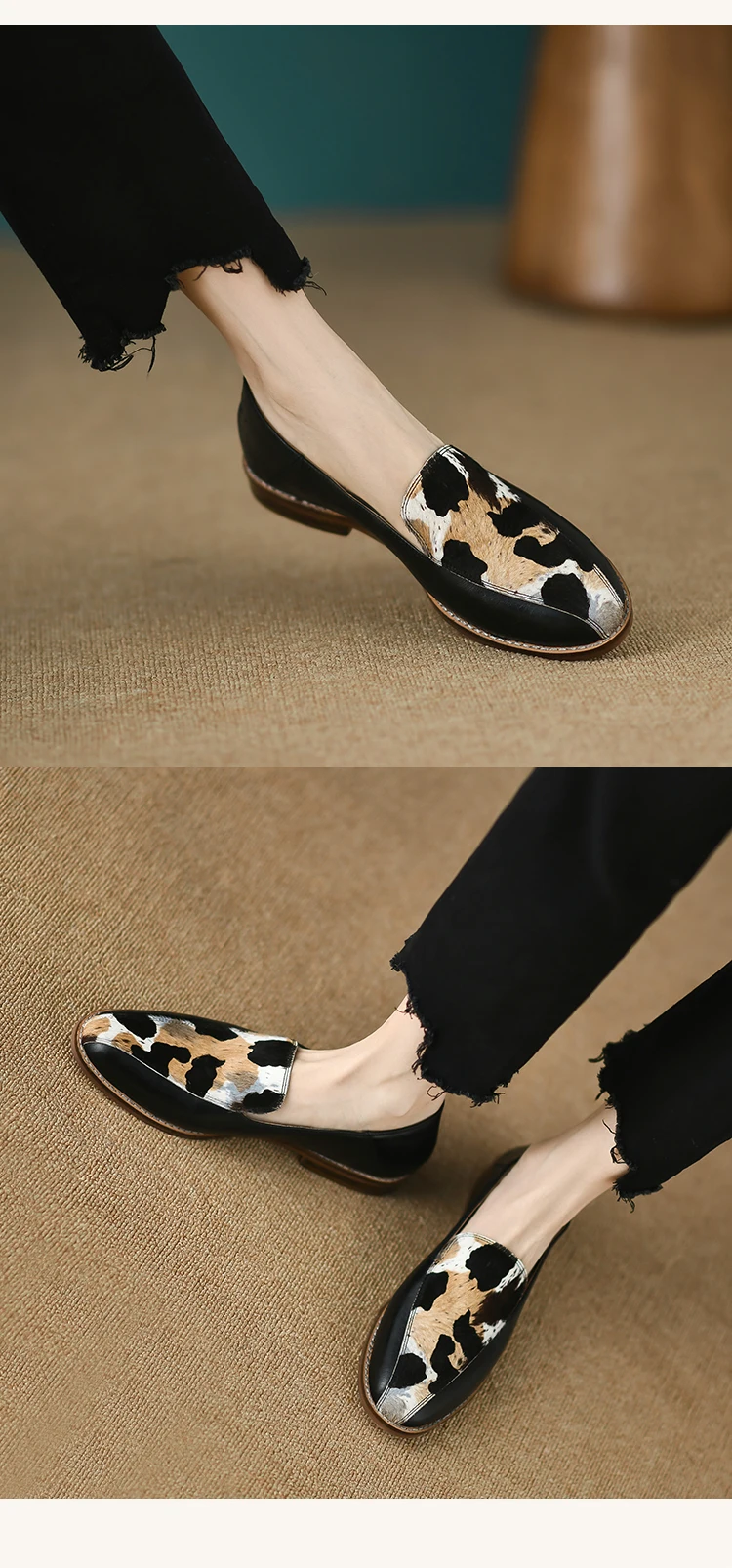 new Spring women pumps natural leather 22-24.5cm horsehair+cowhide mixed color loafers Leopard pattern women shoes