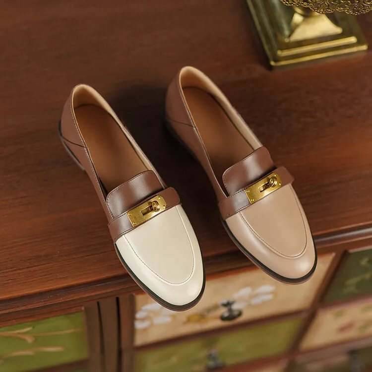 Blapunka Women Genuine Leather Loafers Designer Metal Lock Mix-color Slip-on Flat Shoe Ladies Spring Autumn Casual Comfort Flats