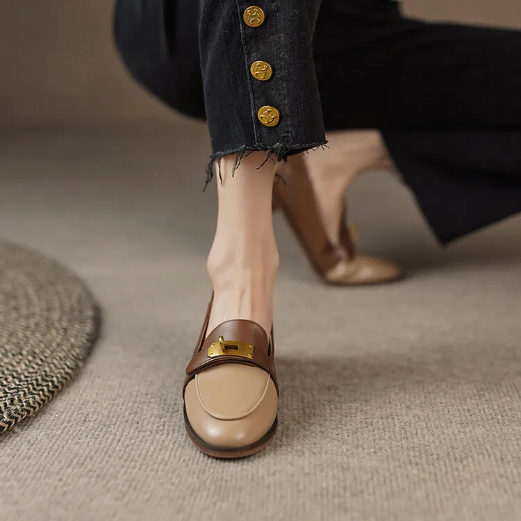 Blapunka Women Genuine Leather Loafers Designer Metal Lock Mix-color Slip-on Flat Shoe Ladies Spring Autumn Casual Comfort Flats
