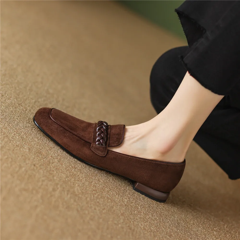 Concise Solid Color Women Soft Kid Suede Flats Slip On Round Toe Casual Street Shoes Handmade For Ladies