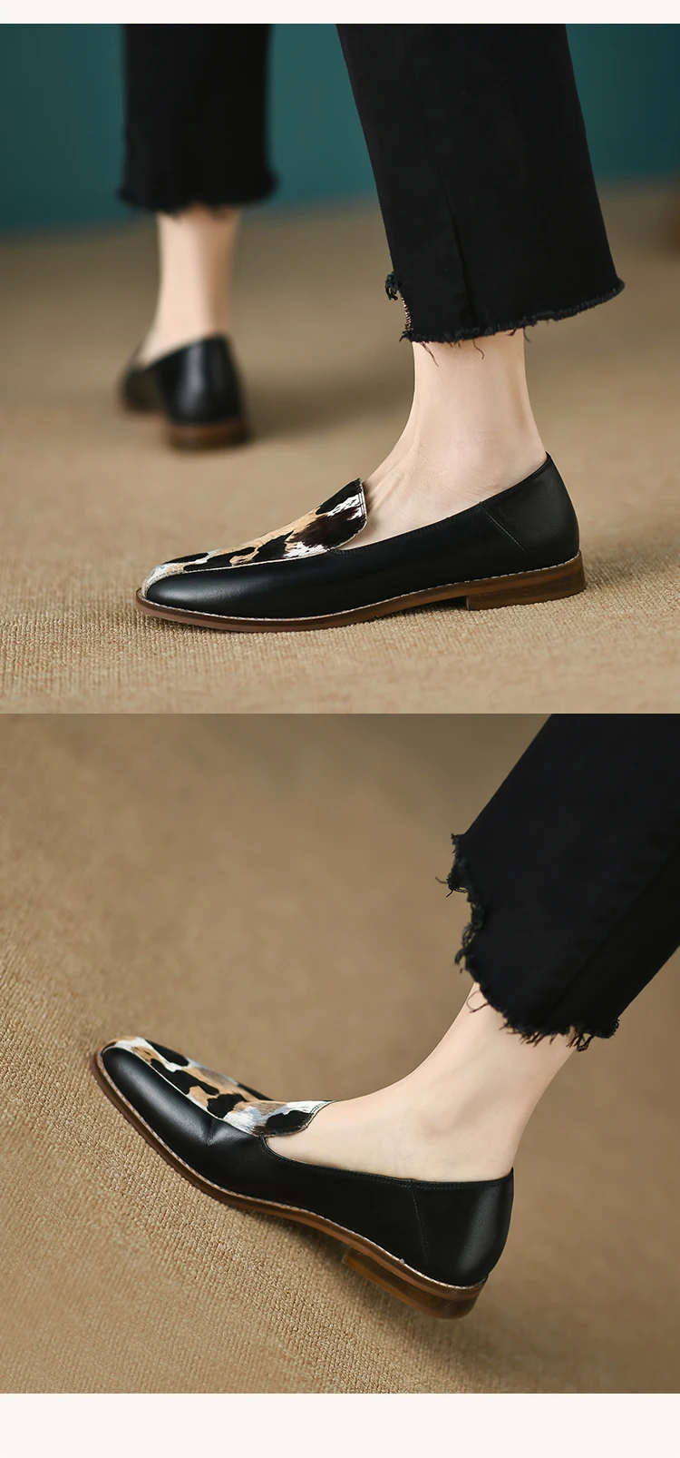 new Spring women pumps natural leather 22-24.5cm horsehair+cowhide mixed color loafers Leopard pattern women shoes