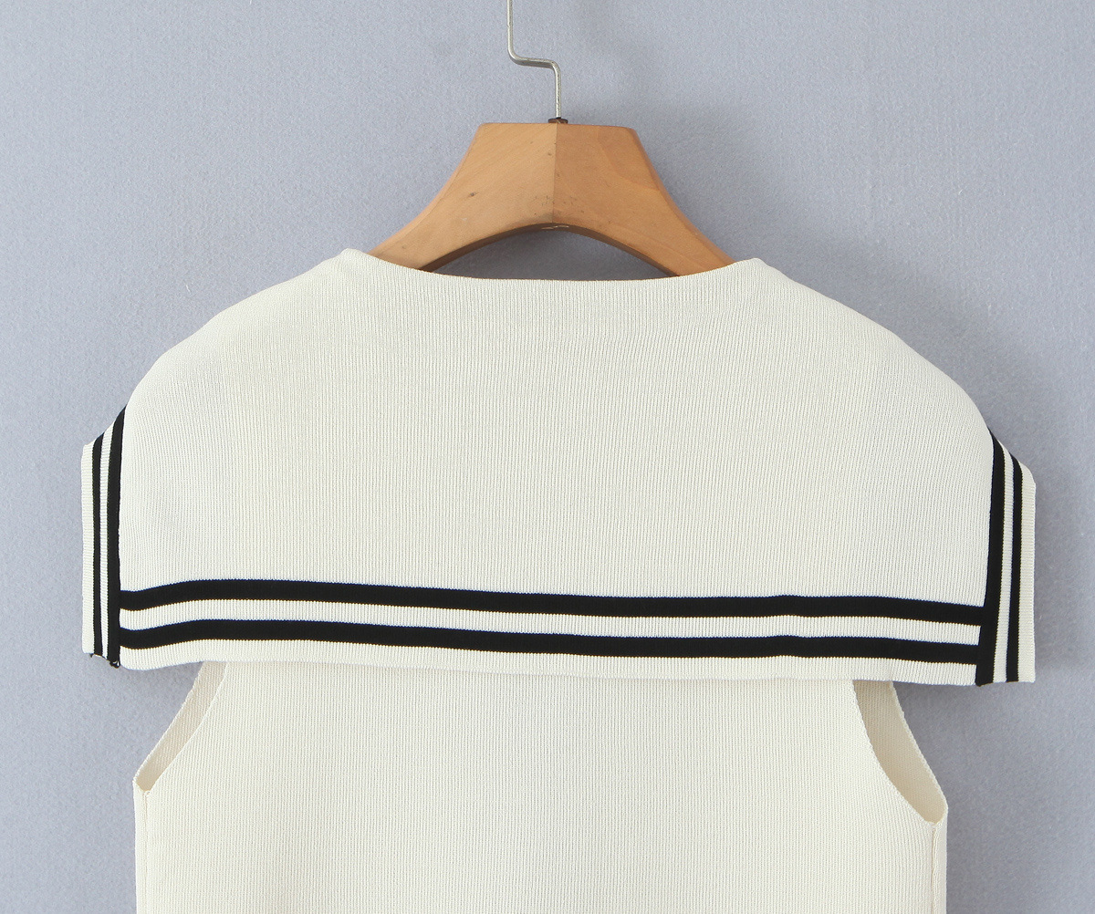 Fashionable slim fit contrasting retro navy neck knitted vest for women