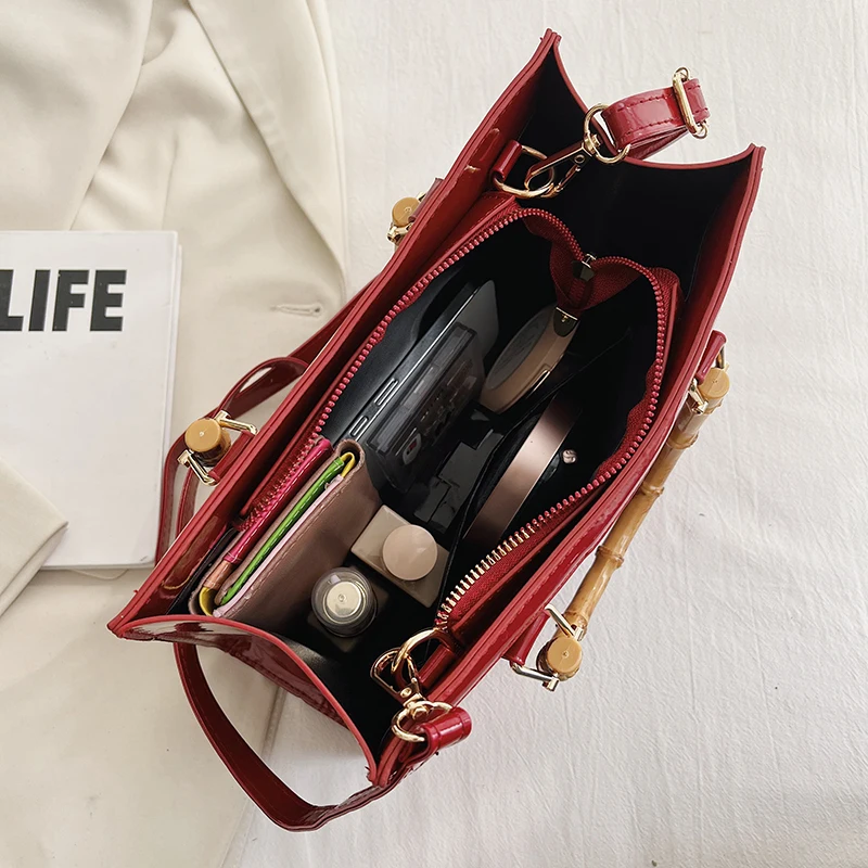 High Quality Leather Shoulder Bag For Women Luxury Alligator Handbag Designer Women Bag Retro Bamboo Handle Tote Bag Female