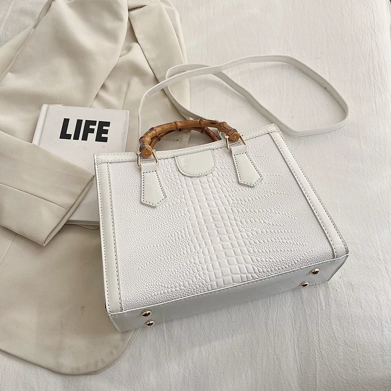 High Quality Leather Shoulder Bag For Women Luxury Alligator Handbag Designer Women Bag Retro Bamboo Handle Tote Bag Female