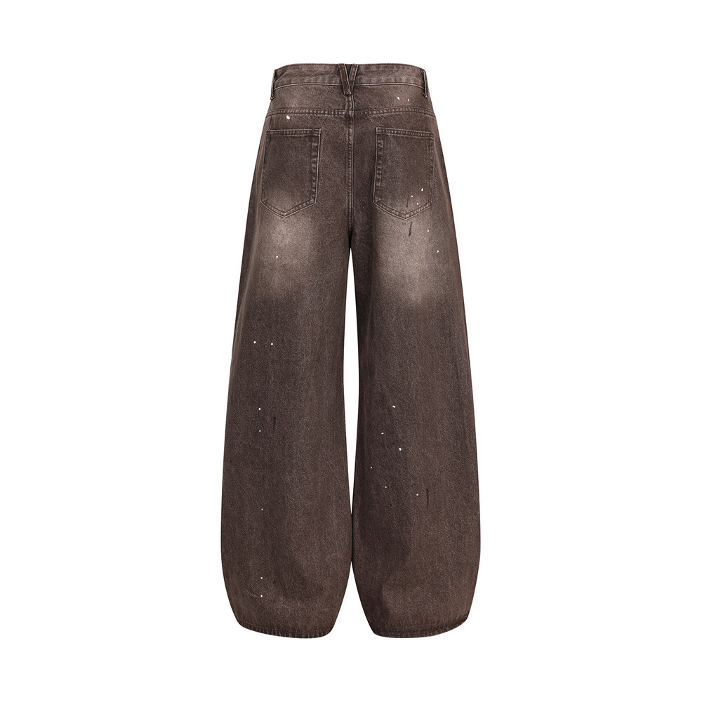 Streetwear Men's Denim Pants with Patchwork, Distressed Bleached Finish, Trendy Loose Fit, Wide Leg Style, Long Trousers