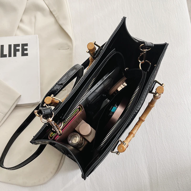 High Quality Leather Shoulder Bag For Women Luxury Alligator Handbag Designer Women Bag Retro Bamboo Handle Tote Bag Female
