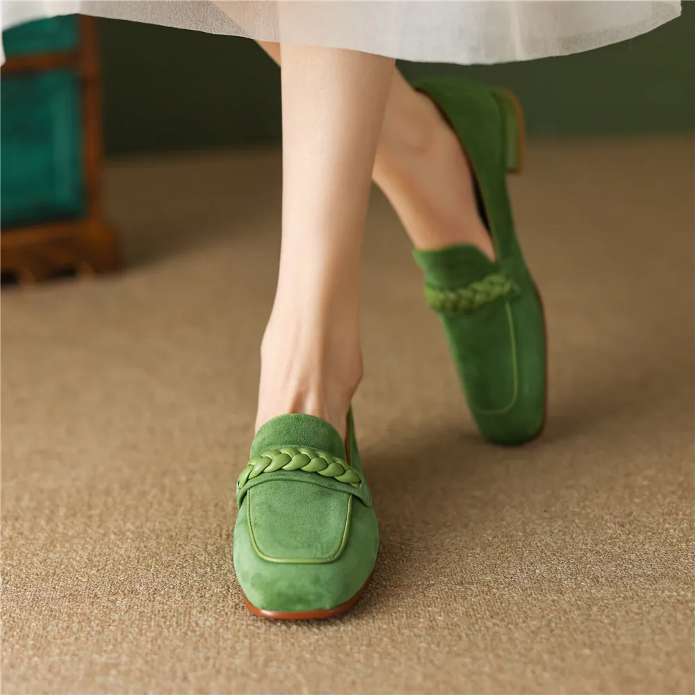 Concise Solid Color Women Soft Kid Suede Flats Slip On Round Toe Casual Street Shoes Handmade For Ladies