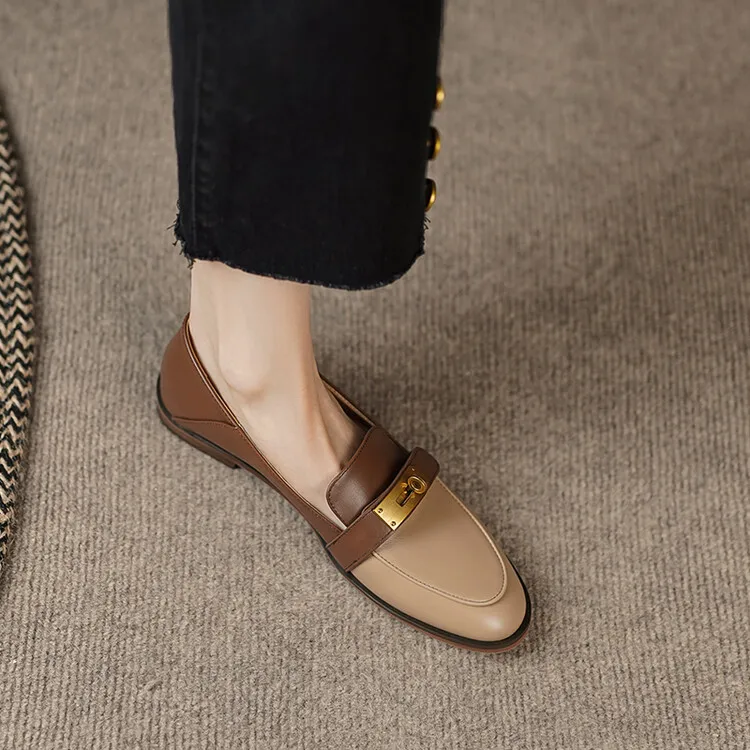 Blapunka Women Genuine Leather Loafers Designer Metal Lock Mix-color Slip-on Flat Shoe Ladies Spring Autumn Casual Comfort Flats