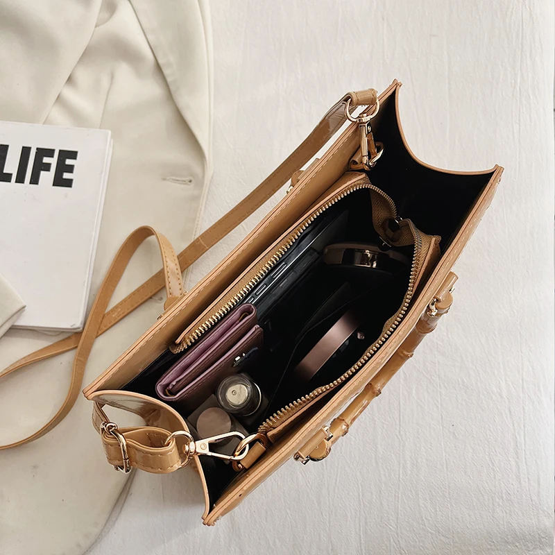 High Quality Leather Shoulder Bag For Women Luxury Alligator Handbag Designer Women Bag Retro Bamboo Handle Tote Bag Female