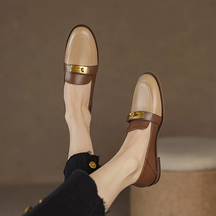Blapunka Women Genuine Leather Loafers Designer Metal Lock Mix-color Slip-on Flat Shoe Ladies Spring Autumn Casual Comfort Flats