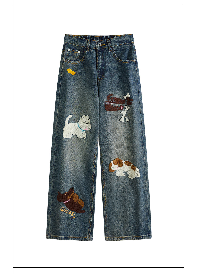 Puppy patchwork embroidered washed denim jeans