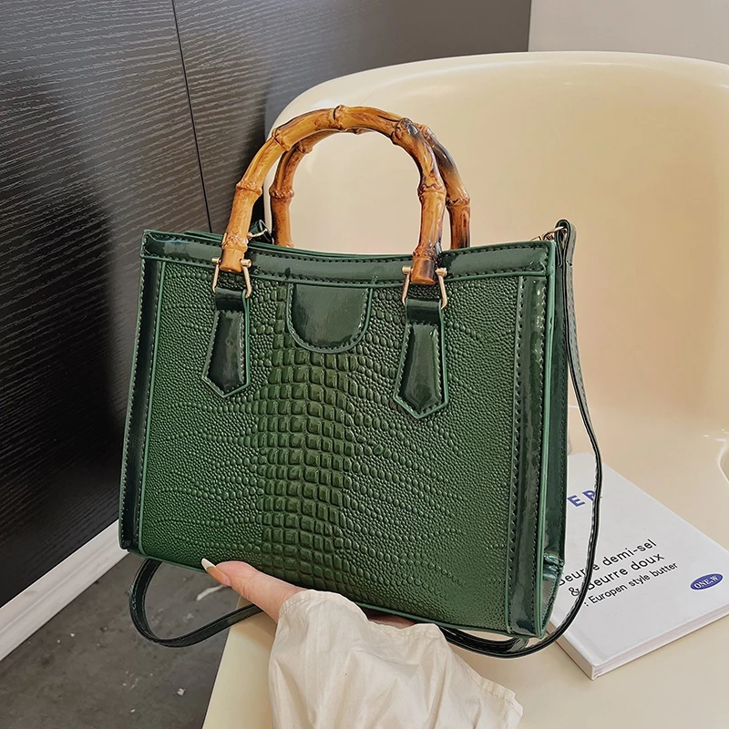 High Quality Leather Shoulder Bag For Women Luxury Alligator Handbag Designer Women Bag Retro Bamboo Handle Tote Bag Female