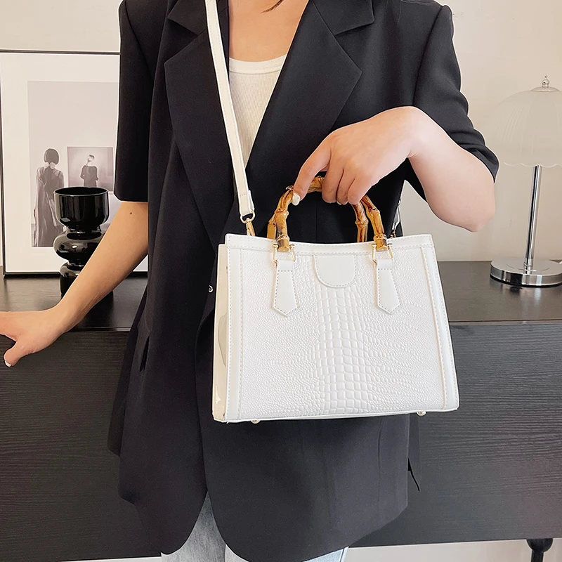 High Quality Leather Shoulder Bag For Women Luxury Alligator Handbag Designer Women Bag Retro Bamboo Handle Tote Bag Female