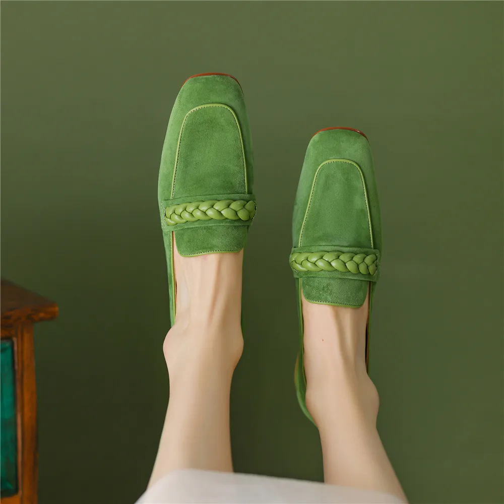 Concise Solid Color Women Soft Kid Suede Flats Slip On Round Toe Casual Street Shoes Handmade For Ladies