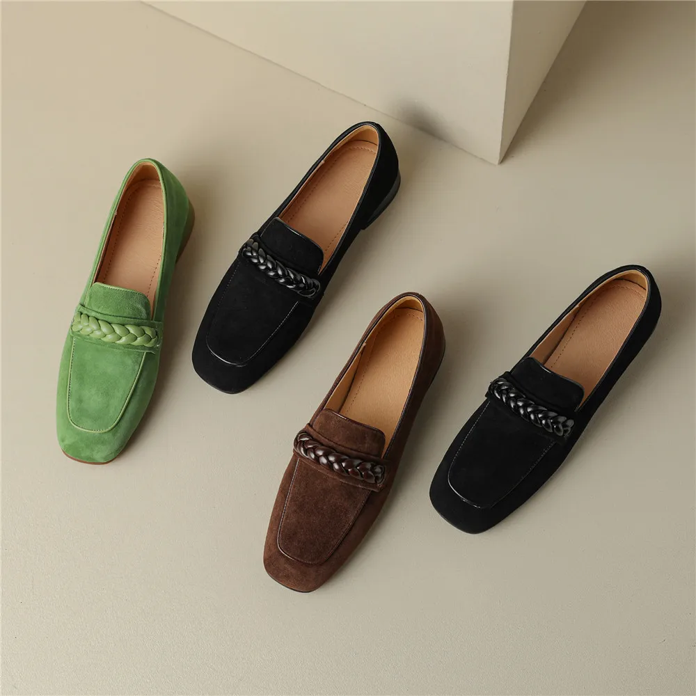Concise Solid Color Women Soft Kid Suede Flats Slip On Round Toe Casual Street Shoes Handmade For Ladies