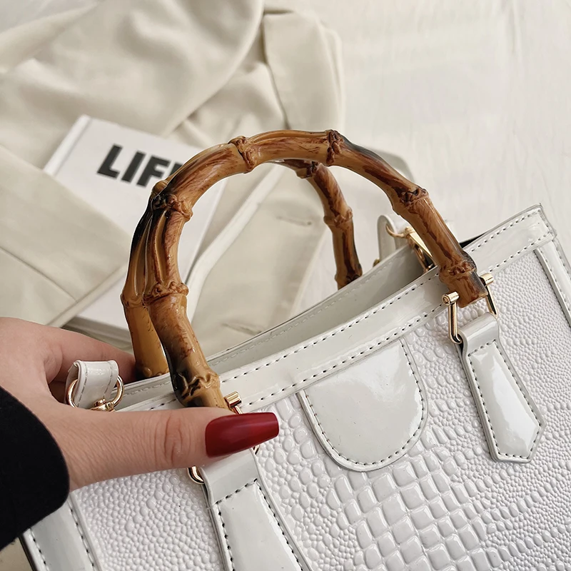 High Quality Leather Shoulder Bag For Women Luxury Alligator Handbag Designer Women Bag Retro Bamboo Handle Tote Bag Female