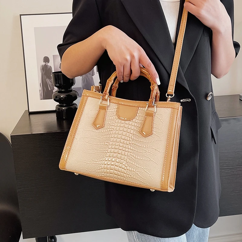 High Quality Leather Shoulder Bag For Women Luxury Alligator Handbag Designer Women Bag Retro Bamboo Handle Tote Bag Female