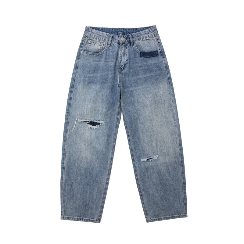 Patchwork Ripped Washed Denim Pants Men Casual All-Match Vintage Look