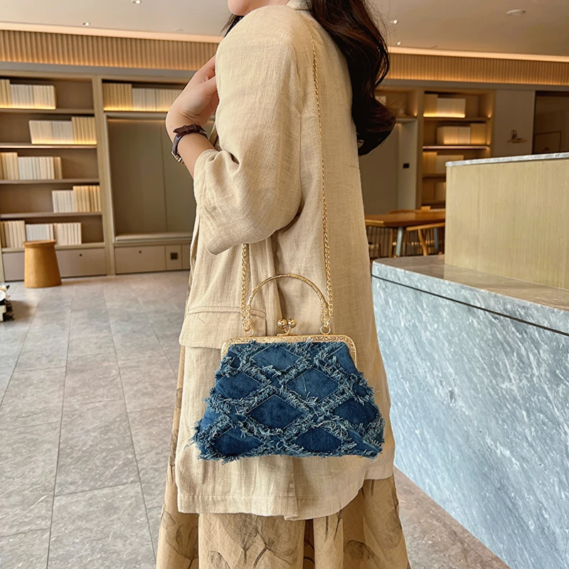Small Denim Crossbody Bags with Short Handle for Women Designer Chinese Style Retro Travel Handbags and Purses