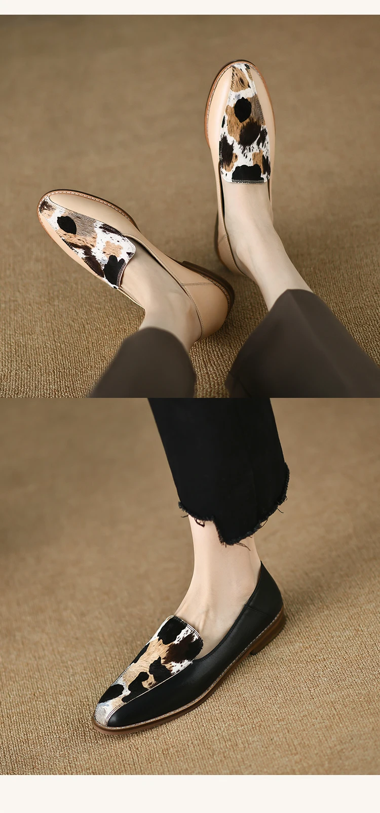 new Spring women pumps natural leather 22-24.5cm horsehair+cowhide mixed color loafers Leopard pattern women shoes