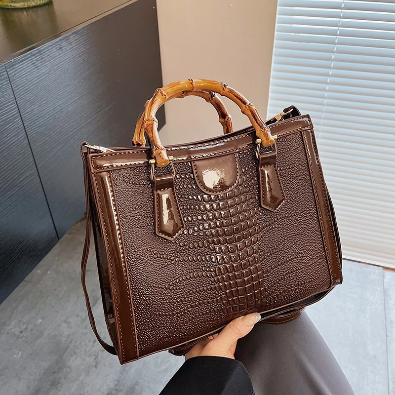 High Quality Leather Shoulder Bag For Women Luxury Alligator Handbag Designer Women Bag Retro Bamboo Handle Tote Bag Female